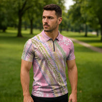 Pink Palaka Hawaii Leis Zipper Polo Shirt Hawaiian-plaid Elegant Tropical Vibes LT14 - Polynesian Pride