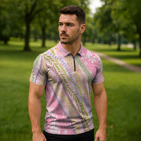 Pink Palaka Hawaii Leis Zipper Polo Shirt Hawaiian-plaid Elegant Tropical Vibes - Polynesian Pride
