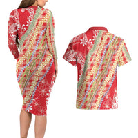 Red Palaka Hawaii Leis Couples Matching Long Sleeve Bodycon Dress and Hawaiian Shirt Hawaiian-plaid Elegant Tropical Vibes - Polynesian Pride