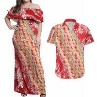 Red Palaka Hawaii Leis Couples Matching Off Shoulder Maxi Dress and Hawaiian Shirt Hawaiian-plaid Elegant Tropical Vibes LT14 Red - Polynesian Pride