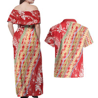 Red Palaka Hawaii Leis Couples Matching Off Shoulder Maxi Dress and Hawaiian Shirt Hawaiian-plaid Elegant Tropical Vibes LT14 - Polynesian Pride