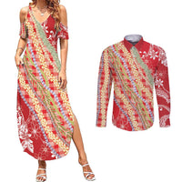 Red Palaka Hawaii Leis Couples Matching Summer Maxi Dress and Long Sleeve Button Shirt Hawaiian-plaid Elegant Tropical Vibes LT14 Red - Polynesian Pride