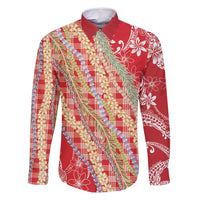 Red Palaka Hawaii Leis Family Matching Mermaid Dress and Hawaiian Shirt Hawaiian-plaid Elegant Tropical Vibes LT14 Dad's Shirt - Long Sleeve Red - Polynesian Pride