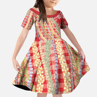 Red Palaka Hawaii Leis Family Matching Off The Shoulder Long Sleeve Dress and Hawaiian Shirt Hawaiian-plaid Elegant Tropical Vibes - Polynesian Pride
