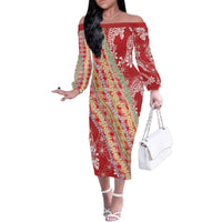 Red Palaka Hawaii Leis Family Matching Off The Shoulder Long Sleeve Dress and Hawaiian Shirt Hawaiian-plaid Elegant Tropical Vibes - Polynesian Pride