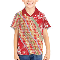 Red Palaka Hawaii Leis Family Matching Off The Shoulder Long Sleeve Dress and Hawaiian Shirt Hawaiian-plaid Elegant Tropical Vibes - Polynesian Pride