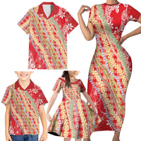 Red Palaka Hawaii Leis Family Matching Short Sleeve Bodycon Dress and Hawaiian Shirt Hawaiian-plaid Elegant Tropical Vibes - Polynesian Pride