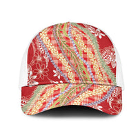 Red Palaka Hawaii Leis Mesh Trucker Cap Hawaiian-plaid Elegant Tropical Vibes LT14 One Size White Red - Polynesian Pride