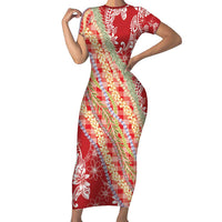 Red Palaka Hawaii Leis Short Sleeve Bodycon Dress Hawaiian-plaid Elegant Tropical Vibes LT14 Long Dress Red - Polynesian Pride