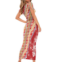 Red Palaka Hawaii Leis Short Sleeve Bodycon Dress Hawaiian-plaid Elegant Tropical Vibes LT14 - Polynesian Pride