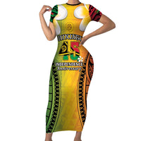 Vanuatu Independence Day Short Sleeve Bodycon Dress Long God Yumi Stanap Happy 46th Anniversary LT14 Long Dress Reggae - Polynesian Pride
