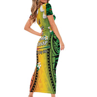 Vanuatu Independence Day Short Sleeve Bodycon Dress Long God Yumi Stanap Happy 46th Anniversary LT14 - Polynesian Pride