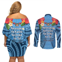 Fiji Day Couples Matching Off Shoulder Short Dress and Long Sleeve Button Shirt Happy 54 Years Of Independence Tapa Pattern Blue LT14 - Polynesian Pride