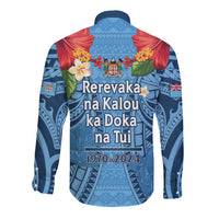 Fiji Day Long Sleeve Button Shirt Happy 54 Years Of Independence Tapa Pattern Blue