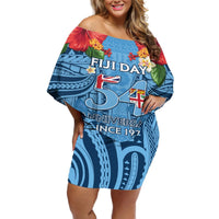 Fiji Day Off Shoulder Short Dress Happy 54 Years Of Independence Tapa Pattern Blue LT14 Women Blue - Polynesian Pride