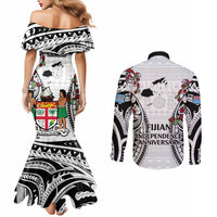 Fiji Day Couples Matching Mermaid Dress and Long Sleeve Button Shirt Happy 54 Years Of Independence Tapa Pattern White LT14 - Polynesian Pride