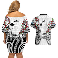 Fiji Day Couples Matching Off Shoulder Short Dress and Hawaiian Shirt Happy 54 Years Of Independence Tapa Pattern White LT14 - Polynesian Pride