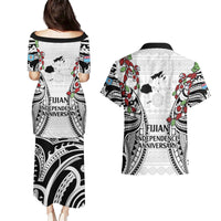 Fiji Day Couples Matching Puletasi and Hawaiian Shirt Happy 54 Years Of Independence Tapa Pattern White