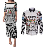 Fiji Day Couples Matching Puletasi and Long Sleeve Button Shirt Happy 54 Years Of Independence Tapa Pattern White