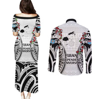 Fiji Day Couples Matching Puletasi and Long Sleeve Button Shirt Happy 54 Years Of Independence Tapa Pattern White LT14 - Polynesian Pride