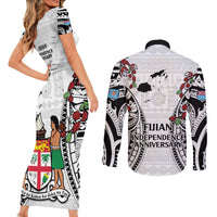 Fiji Day Couples Matching Short Sleeve Bodycon Dress and Long Sleeve Button Shirt Happy 54 Years Of Independence Tapa Pattern White