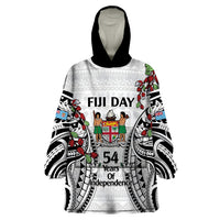 Fiji Day Wearable Blanket Hoodie Happy 54 Years Of Independence Tapa Pattern White