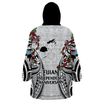 Fiji Day Wearable Blanket Hoodie Happy 54 Years Of Independence Tapa Pattern White
