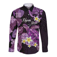 Personalised Aloha Hawaii Kauai Island Long Sleeve Button Shirt Garden Isle Map Sea Turtle Plumeria LT14 Unisex Purple - Polynesian Pride