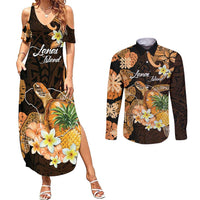 Personalised Aloha Hawaii Lanai Island Couples Matching Summer Maxi Dress and Long Sleeve Button Shirt Pineapple Isle Map Sea Turtle Plumeria LT14 Orange - Polynesian Pride