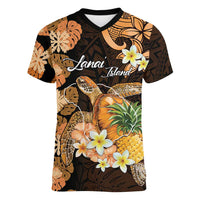 Personalised Aloha Hawaii Lanai Island Women V-Neck T-Shirt Pineapple Isle Map Sea Turtle Plumeria