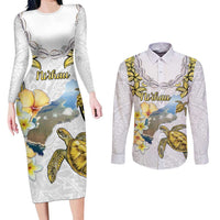 Personalised Aloha Hawaii Niihau Island Couples Matching Long Sleeve Bodycon Dress and Long Sleeve Button Shirt Forbidden Isle Map Shell Lei LT14 Yellow - Polynesian Pride