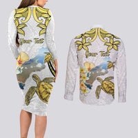 Personalised Aloha Hawaii Niihau Island Couples Matching Long Sleeve Bodycon Dress and Long Sleeve Button Shirt Forbidden Isle Map Shell Lei LT14 - Polynesian Pride