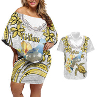 Personalised Aloha Hawaii Niihau Island Couples Matching Off Shoulder Short Dress and Hawaiian Shirt Forbidden Isle Map Shell Lei LT14 Yellow - Polynesian Pride