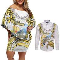 Personalised Aloha Hawaii Niihau Island Couples Matching Off Shoulder Short Dress and Long Sleeve Button Shirt Forbidden Isle Map Shell Lei LT14 Yellow - Polynesian Pride
