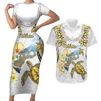 Personalised Aloha Hawaii Niihau Island Couples Matching Short Sleeve Bodycon Dress and Hawaiian Shirt Forbidden Isle Map Shell Lei LT14 Yellow - Polynesian Pride