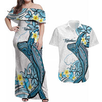 Personalised Aloha Hawaii Kahoolawe Island Couples Matching Off Shoulder Maxi Dress and Hawaiian Shirt Target Isle Map With Humpback Whale LT14 Blue - Polynesian Pride