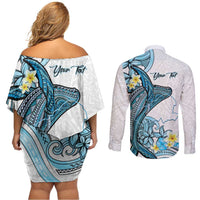 Personalised Aloha Hawaii Kahoolawe Island Couples Matching Off Shoulder Short Dress and Long Sleeve Button Shirt Target Isle Map With Humpback Whale LT14 - Polynesian Pride