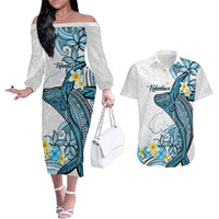 Personalised Aloha Hawaii Kahoolawe Island Couples Matching Off The Shoulder Long Sleeve Dress and Hawaiian Shirt Target Isle Map With Humpback Whale LT14 Blue - Polynesian Pride