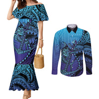 Personalised Polynesia Blue Marlin Fishing Couples Matching Mermaid Dress and Long Sleeve Button Shirt Marlin Anchor Tattoo Polynesian Pattern LT14 Purple - Polynesian Pride