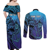 Personalised Polynesia Blue Marlin Fishing Couples Matching Off Shoulder Maxi Dress and Long Sleeve Button Shirt Marlin Anchor Tattoo Polynesian Pattern LT14 - Polynesian Pride