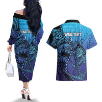 Personalised Polynesia Blue Marlin Fishing Couples Matching Off The Shoulder Long Sleeve Dress and Hawaiian Shirt Marlin Anchor Tattoo Polynesian Pattern