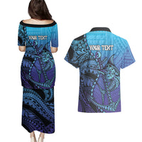 Personalised Polynesia Blue Marlin Fishing Couples Matching Puletasi and Hawaiian Shirt Marlin Anchor Tattoo Polynesian Pattern LT14 - Polynesian Pride