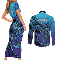 Personalised Polynesia Blue Marlin Fishing Couples Matching Short Sleeve Bodycon Dress and Long Sleeve Button Shirt Marlin Anchor Tattoo Polynesian Pattern LT14 - Polynesian Pride