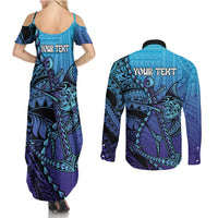 Personalised Polynesia Blue Marlin Fishing Couples Matching Summer Maxi Dress and Long Sleeve Button Shirt Marlin Anchor Tattoo Polynesian Pattern LT14 - Polynesian Pride