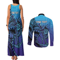Personalised Polynesia Blue Marlin Fishing Couples Matching Tank Maxi Dress and Long Sleeve Button Shirt Marlin Anchor Tattoo Polynesian Pattern LT14 - Polynesian Pride