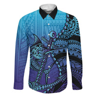 Personalised Polynesia Blue Marlin Fishing Family Matching Off The Shoulder Long Sleeve Dress and Hawaiian Shirt Marlin Anchor Tattoo Polynesian Pattern