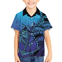 Personalised Polynesia Blue Marlin Fishing Family Matching Off The Shoulder Long Sleeve Dress and Hawaiian Shirt Marlin Anchor Tattoo Polynesian Pattern
