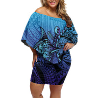 Personalised Polynesia Blue Marlin Fishing Off Shoulder Short Dress Marlin Anchor Tattoo Polynesian Pattern LT14 Women Purple - Polynesian Pride