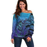 Personalised Polynesia Blue Marlin Fishing Off Shoulder Sweater Marlin Anchor Tattoo Polynesian Pattern LT14 Women Purple - Polynesian Pride