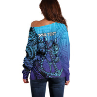 Personalised Polynesia Blue Marlin Fishing Off Shoulder Sweater Marlin Anchor Tattoo Polynesian Pattern LT14 - Polynesian Pride